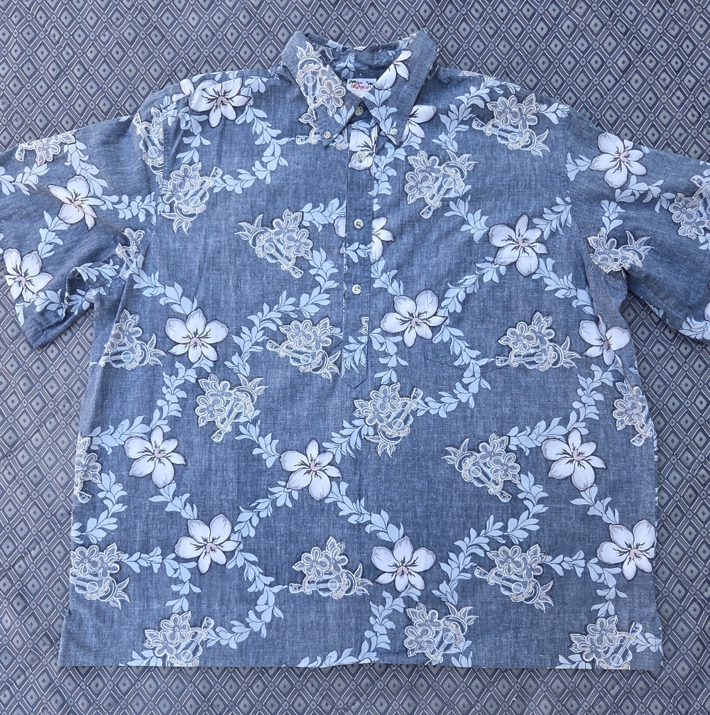 Go Barefoot Hawaiian Aloha Shirt Floral Ukulele Print Blue Size 2XL XXL